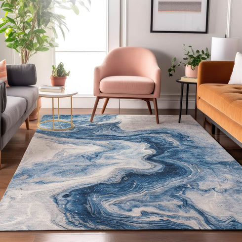 8' X 10' Navy Blue And Ivory Abstract Washable Area Rug With UV Protection
