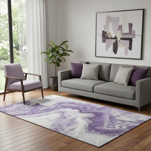 5' X 8' Purple And Ivory Abstract Washable Area Rug With UV Protection