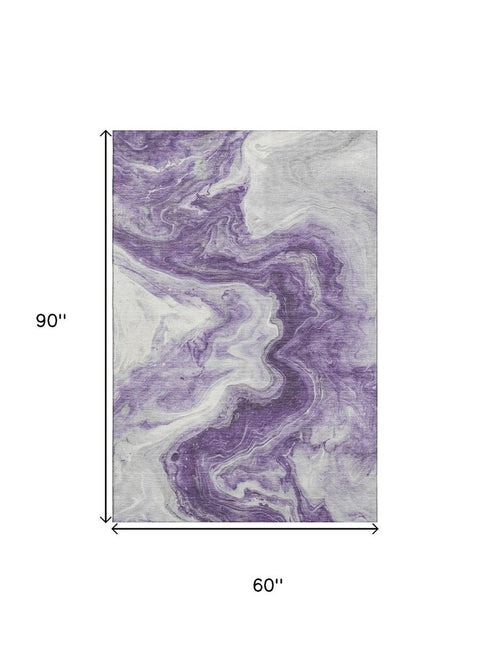 5' X 8' Purple And Ivory Abstract Washable Area Rug With UV Protection