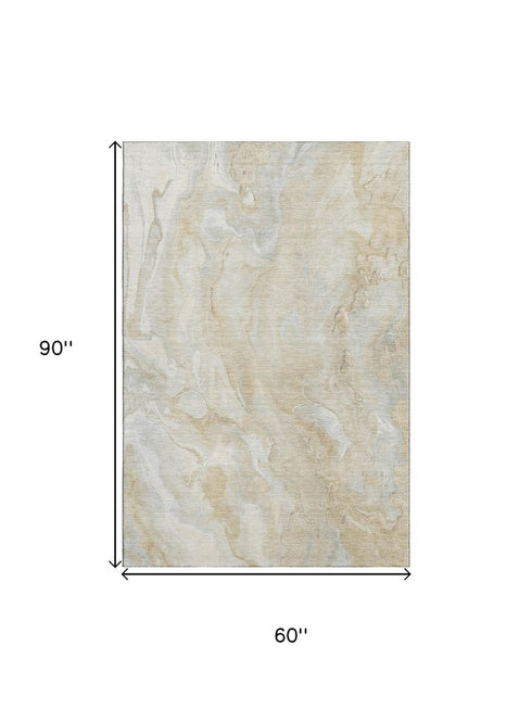 5' X 8' Beige Tan And Ivory Abstract Washable Area Rug With UV Protection