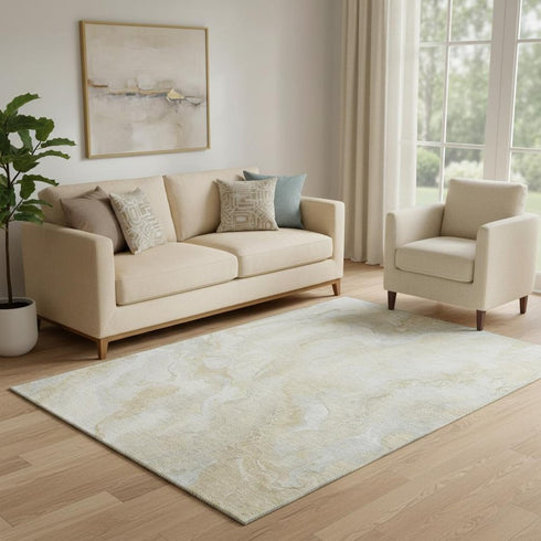 5' X 8' Beige Tan And Ivory Abstract Washable Area Rug With UV Protection