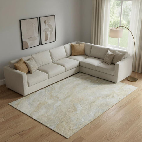 9' X 12' Beige Tan And Ivory Abstract Washable Area Rug With UV Protection