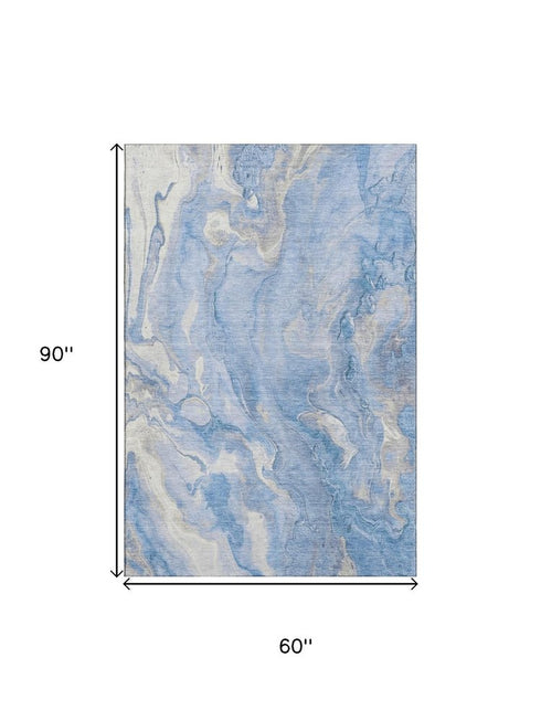 5' X 8' Blue Gray And Silver Abstract Washable Area Rug With UV Protection