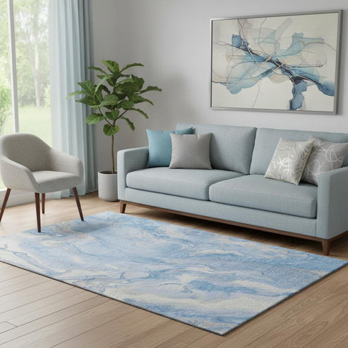 5' X 8' Blue Gray And Silver Abstract Washable Area Rug With UV Protection