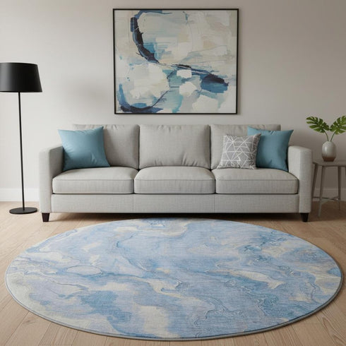 8' Blue Gray And Silver Abstract Washable Round Rug With UV Protection