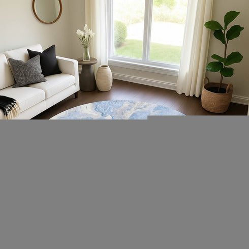 8' Blue Gray And Silver Abstract Washable Round Rug With UV Protection