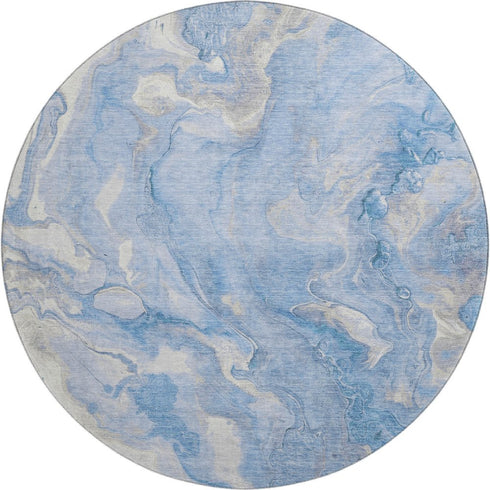 8' Blue Gray And Silver Abstract Washable Round Rug With UV Protection