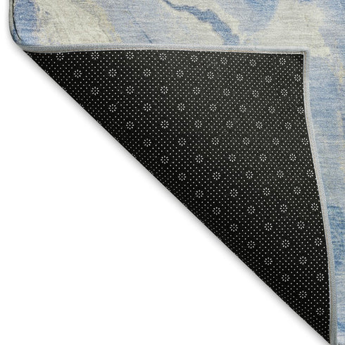 8' Blue Gray And Silver Abstract Washable Round Rug With UV Protection