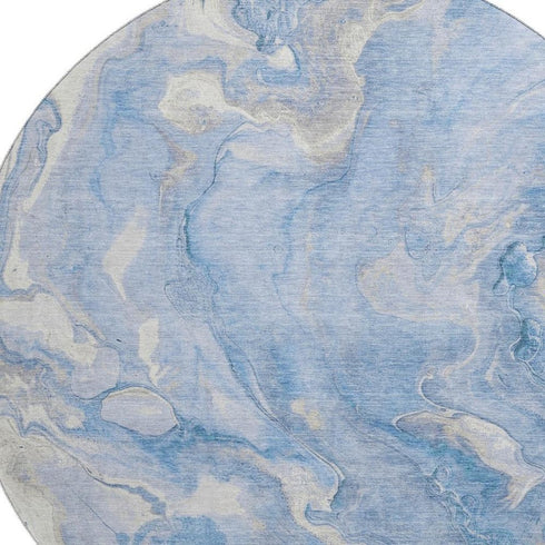 8' Blue Gray And Silver Abstract Washable Round Rug With UV Protection