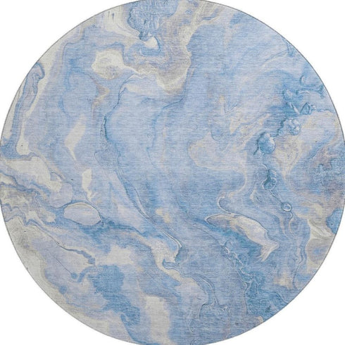 8' Blue Gray And Silver Abstract Washable Round Rug With UV Protection