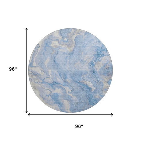 8' Blue Gray And Silver Abstract Washable Round Rug With UV Protection