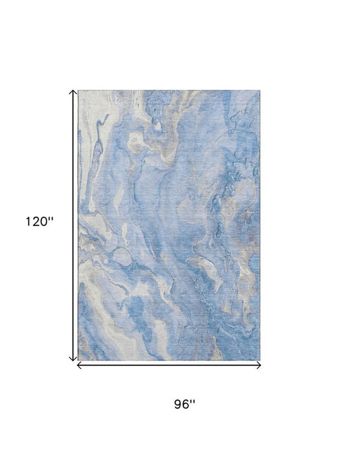 8' X 10' Blue Gray And Silver Abstract Washable Area Rug With UV Protection