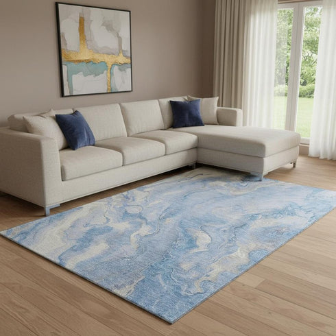 8' X 10' Blue Gray And Silver Abstract Washable Area Rug With UV Protection