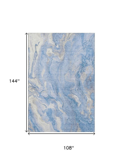9' X 12' Blue Gray And Silver Abstract Washable Area Rug With UV Protection