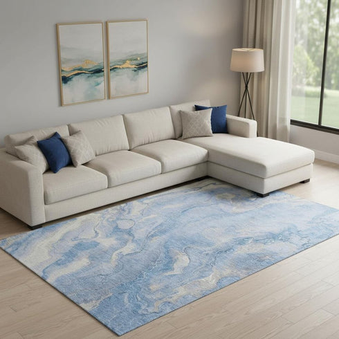 9' X 12' Blue Gray And Silver Abstract Washable Area Rug With UV Protection