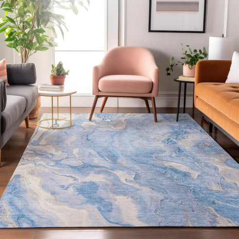 9' X 12' Blue Gray And Silver Abstract Washable Area Rug With UV Protection