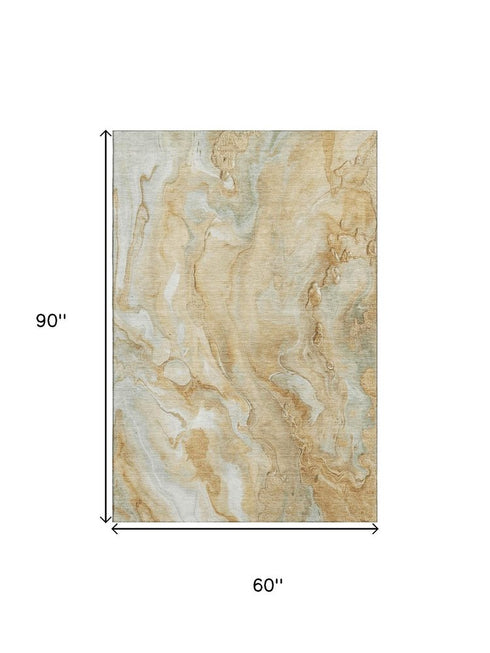 5' X 8' Gold Ivory And Gray Abstract Washable Area Rug With UV Protection
