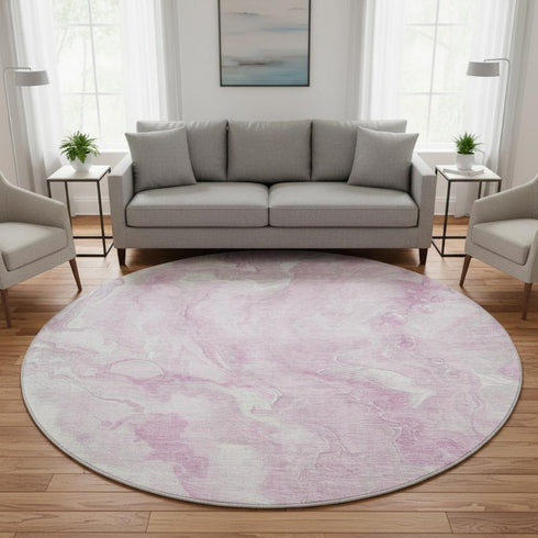 8' Pink And Ivory Abstract Washable Round Rug With UV Protection