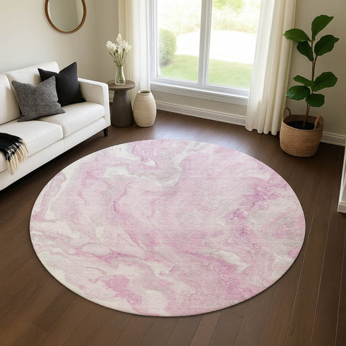 8' Pink And Ivory Abstract Washable Round Rug With UV Protection