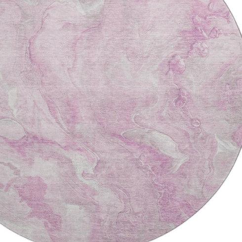 8' Pink And Ivory Abstract Washable Round Rug With UV Protection