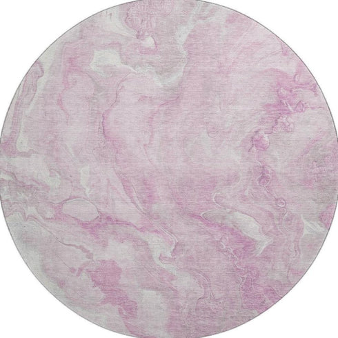8' Pink And Ivory Abstract Washable Round Rug With UV Protection