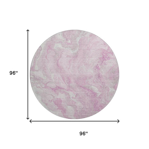 8' Pink And Ivory Abstract Washable Round Rug With UV Protection