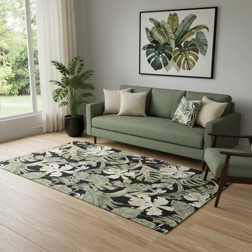 5' X 8' Black Green And Beige Floral Washable Area Rug With UV Protection