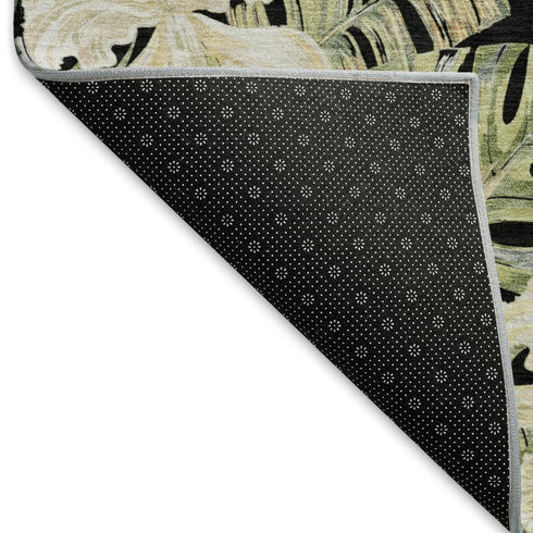 5' X 8' Black Green And Beige Floral Washable Area Rug With UV Protection