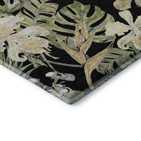 5' X 8' Black Green And Beige Floral Washable Area Rug With UV Protection