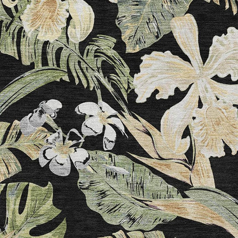 5' X 8' Black Green And Beige Floral Washable Area Rug With UV Protection