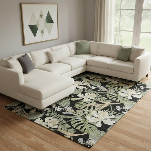 8' X 10' Black Green And Beige Floral Washable Area Rug With UV Protection