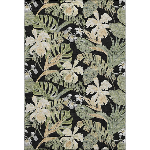 8' X 10' Black Green And Beige Floral Washable Area Rug With UV Protection