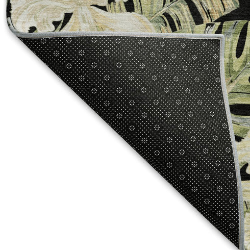 8' X 10' Black Green And Beige Floral Washable Area Rug With UV Protection