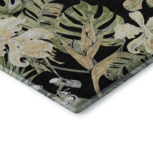 8' X 10' Black Green And Beige Floral Washable Area Rug With UV Protection