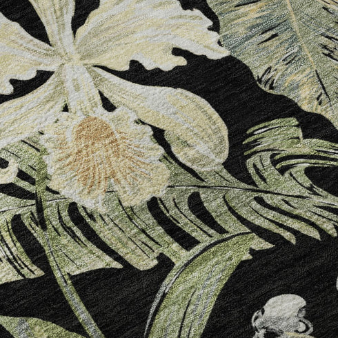8' X 10' Black Green And Beige Floral Washable Area Rug With UV Protection