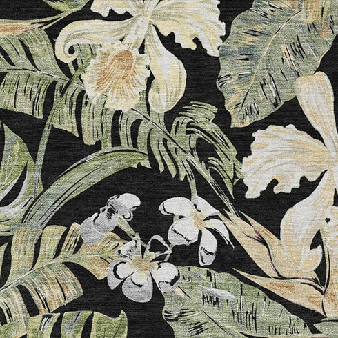 8' X 10' Black Green And Beige Floral Washable Area Rug With UV Protection