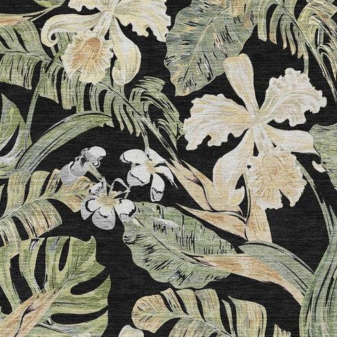 8' X 10' Black Green And Beige Floral Washable Area Rug With UV Protection