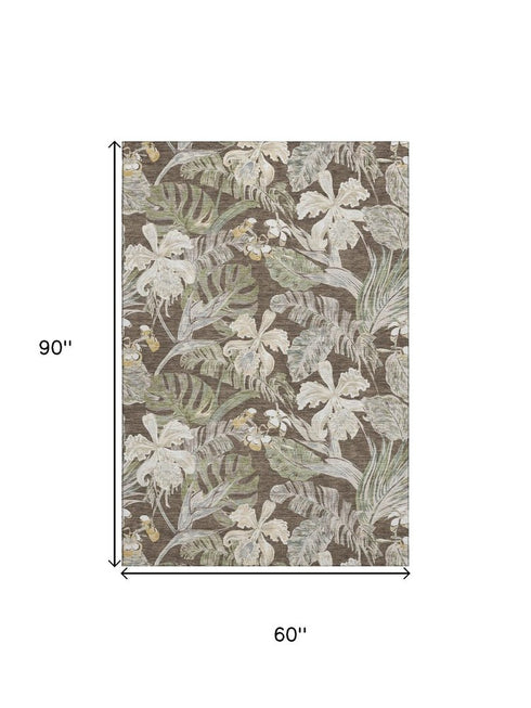 5' X 8' Brown Beige And Green Floral Washable Area Rug With UV Protection