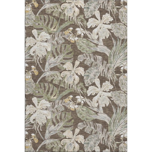 5' X 8' Brown Beige And Green Floral Washable Area Rug With UV Protection