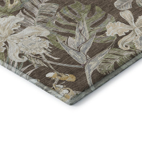 5' X 8' Brown Beige And Green Floral Washable Area Rug With UV Protection