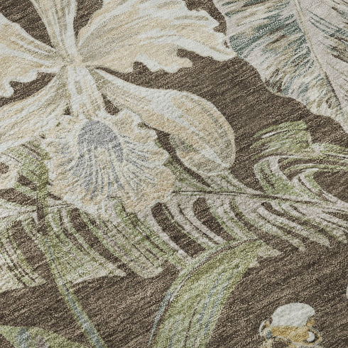 5' X 8' Brown Beige And Green Floral Washable Area Rug With UV Protection