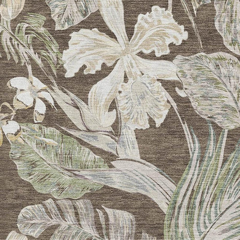 5' X 8' Brown Beige And Green Floral Washable Area Rug With UV Protection