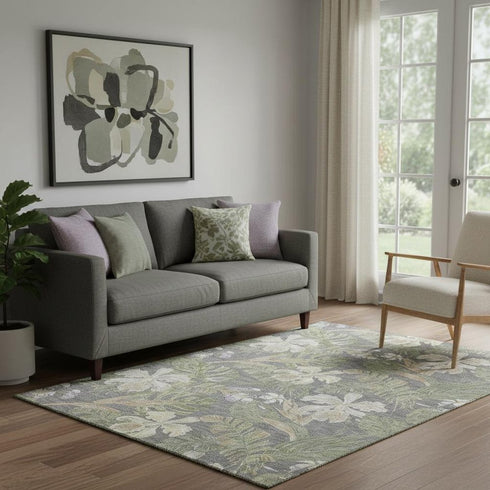 5' X 8' Gray Green And Beige Floral Washable Area Rug With UV Protection