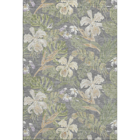 5' X 8' Gray Green And Beige Floral Washable Area Rug With UV Protection