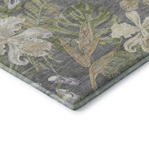5' X 8' Gray Green And Beige Floral Washable Area Rug With UV Protection