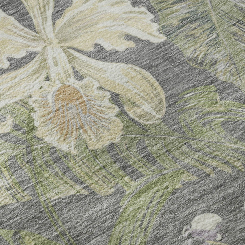 5' X 8' Gray Green And Beige Floral Washable Area Rug With UV Protection