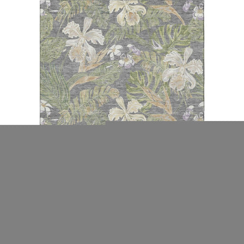 5' X 8' Gray Green And Beige Floral Washable Area Rug With UV Protection