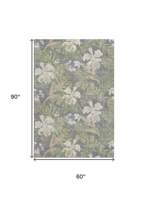 5' X 8' Gray Green And Beige Floral Washable Area Rug With UV Protection