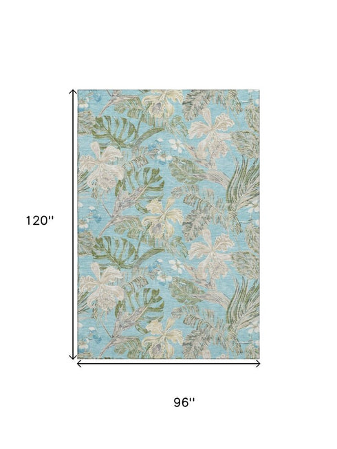 8' X 10' Teal Green And Ivory Floral Washable Area Rug With UV Protection
