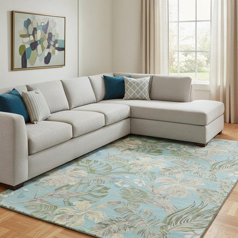 8' X 10' Teal Green And Ivory Floral Washable Area Rug With UV Protection
